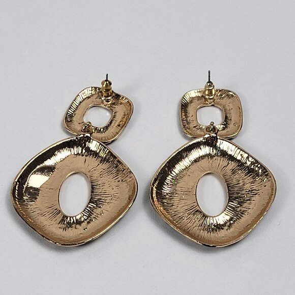 Gold-Tone Black Enamel Drop Earrings 2.5 In Pierced Post Leopard Print Pebble - Picture 7 of 10